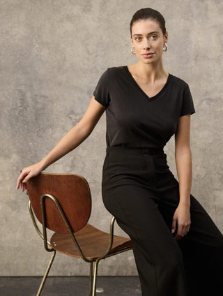 Columbine Silky Soft V Neck T Shirt by Soaked - Black, Off White