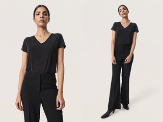 Columbine Silky Soft V Neck T Shirt by Soaked - Black, Off White