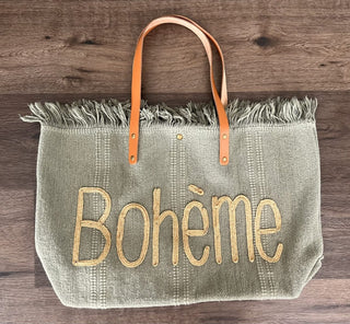 Boheme Cotton Bag with Frayed Top Hem &amp; Leather Handles - Off White