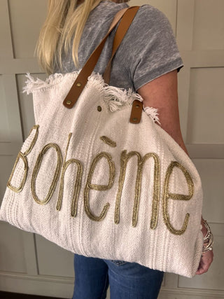 Boheme Cotton Bag with Frayed Top Hem &amp; Leather Handles - Off White