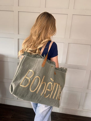 Boheme Cotton Bag with Frayed Top Hem &amp; Leather Handles - Off White