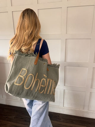 Boheme Cotton Bag with Frayed Top Hem &amp; Leather Handles - Off White