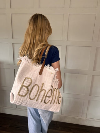 Boheme Cotton Bag with Frayed Top Hem &amp; Leather Handles - Off White