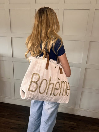 Boheme Cotton Bag with Frayed Top Hem &amp; Leather Handles - Off White