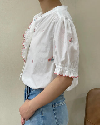 Colwyn Blouse with Embroidered Flowers and Scallop Ruffle Detail  - White/Coral/Green