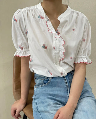 Colwyn Blouse with Embroidered Flowers and Scallop Ruffle Detail  - White/Coral/Green