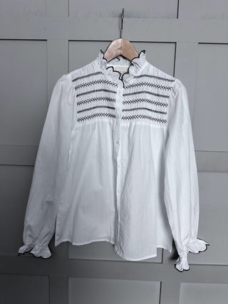 Gresham Blouse with Smocking and Scallop Detail  - White/Chocolate, White/Navy