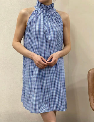 Paignton Checked Dress with Bow Detail - Blue