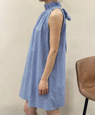 Paignton Checked Dress with Bow Detail - Blue