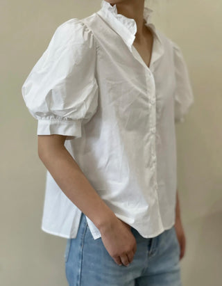 Bude Short Sleeve Blouse with Ruffle Collar  - White