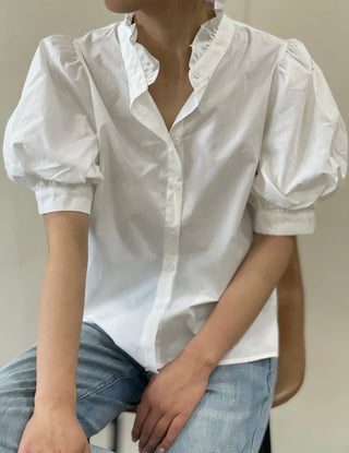 Bude Short Sleeve Blouse with Ruffle Collar  - White