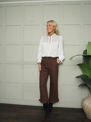 Gresham Blouse with Smocking and Scallop Detail  - White/Chocolate, White/Navy