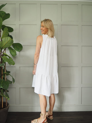 Kaseyli Dress with Shoulder Tie and Tiered Hem - Aqua, Sky Blue, Stone, White