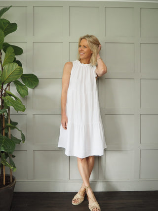 Kaseyli Dress with Shoulder Tie and Tiered Hem - Aqua, Sky Blue, Stone, White