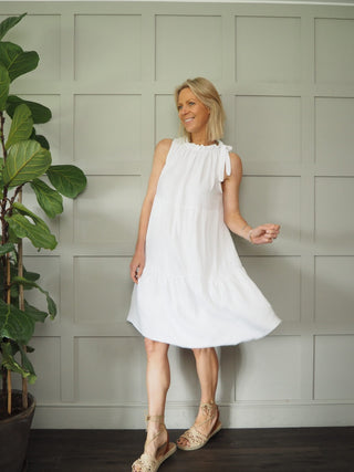 Kaseyli Dress with Shoulder Tie and Tiered Hem - Aqua, Sky Blue, Stone, White