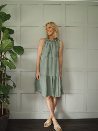 Kaseyli Dress with Shoulder Tie and Tiered Hem - Aqua, Sky Blue, Stone, White