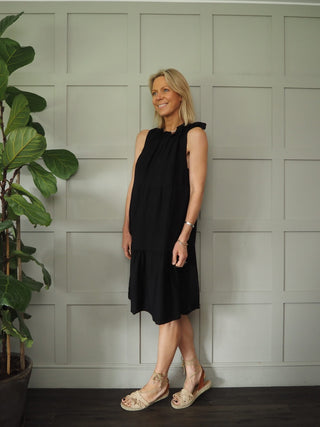 Kaseyli Dress with Shoulder Tie and Tiered Hem - Aqua, Sky Blue, Stone, White