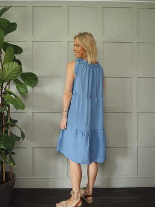 Kaseyli Dress with Shoulder Tie and Tiered Hem - Aqua, Sky Blue, Stone, White