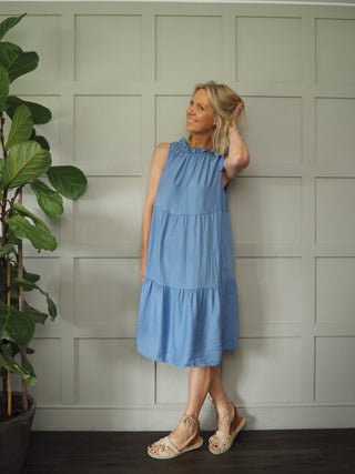 Kaseyli Dress with Shoulder Tie and Tiered Hem - Aqua, Sky Blue, Stone, White