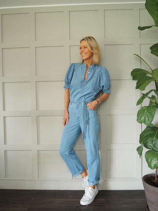 Middleton Cotton Jumpsuit with Short Puff Sleeves, Popper Fastening - Denim Blue and Grey