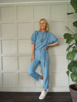 Middleton Cotton Jumpsuit with Short Puff Sleeves, Popper Fastening - Denim Blue and Grey