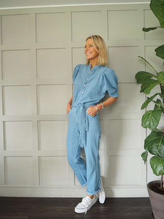 Middleton Cotton Jumpsuit with Short Puff Sleeves, Popper Fastening - Denim Blue and Grey