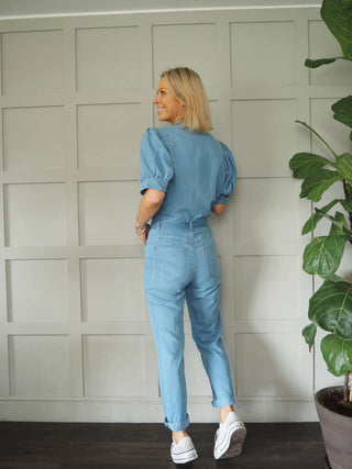 Middleton Cotton Jumpsuit with Short Puff Sleeves, Popper Fastening - Denim Blue and Grey