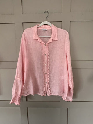 Towerby Long Sleeve Linen Blouse with Lace Detail - Bubblegum Pink, Navy Blue, Sky Blue, Stone and White