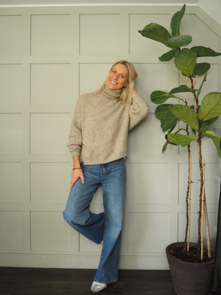 Harris Soft Feel Polo Neck Jumper with Raised Seam - Camel and Oatmeal