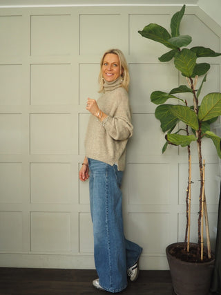 Harris Soft Feel Polo Neck Jumper with Raised Seam - Camel and Oatmeal