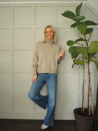 Harris Soft Feel Polo Neck Jumper with Raised Seam - Camel and Oatmeal