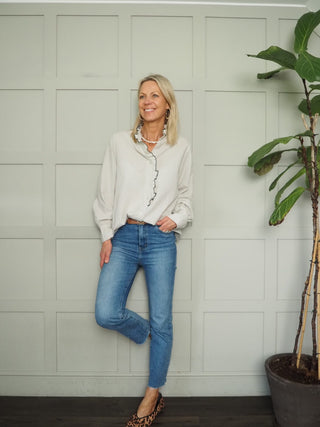 Alberta Gingham Blouse with Long Sleeves - Light Pink, Navy Blue, Stone