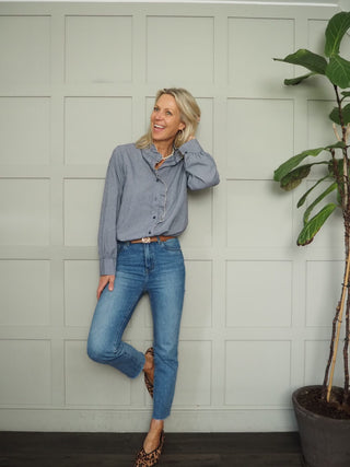 Alberta Gingham Blouse with Long Sleeves - Light Pink, Navy Blue, Stone