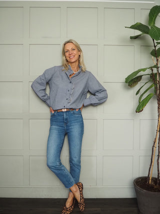 Alberta Gingham Blouse with Long Sleeves - Light Pink, Navy Blue, Stone