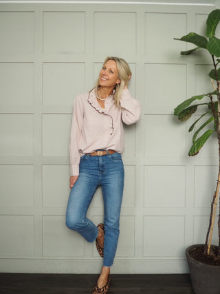 Alberta Gingham Blouse with Long Sleeves - Light Pink, Navy Blue, Stone