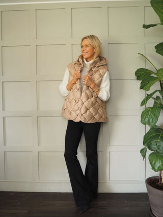 Gunner Woven Style Sleeveless Gilet with Hood, High Neck &amp; Popper Fastening - Black, Camel