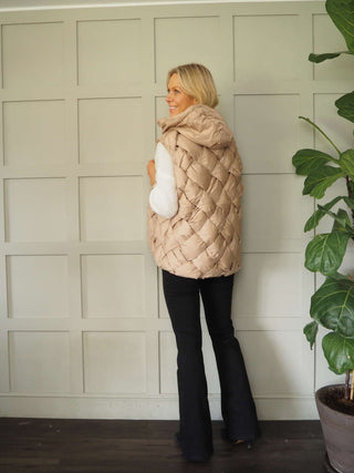 Gunner Woven Style Sleeveless Gilet with Hood, High Neck &amp; Popper Fastening - Black, Camel