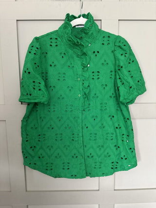 Vashti Blouse with Broderie Anglaise and Frill Detail - Bright Green, Sand