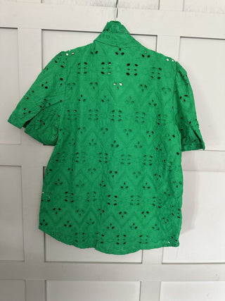 Vashti Blouse with Broderie Anglaise and Frill Detail - Bright Green, Sand