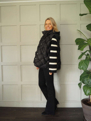 Gunner Woven Style Sleeveless Gilet with Hood, High Neck &amp; Popper Fastening - Black, Camel