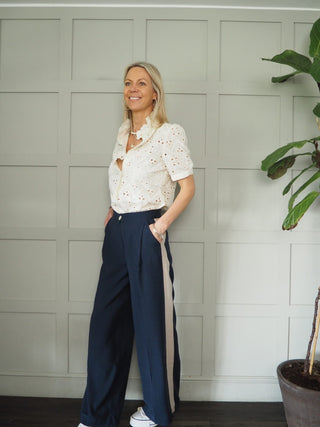 Vashti Blouse with Broderie Anglaise and Frill Detail - Bright Green, Sand