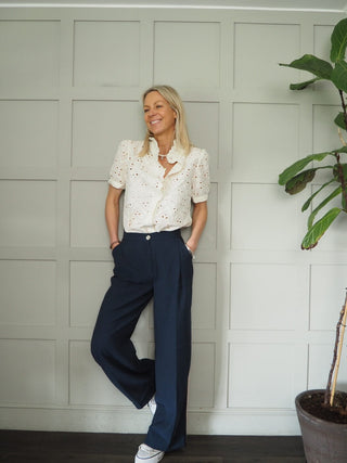 Vashti Blouse with Broderie Anglaise and Frill Detail - Bright Green, Sand