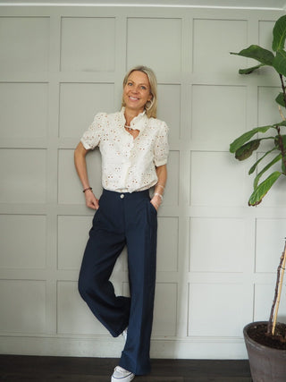 Vashti Blouse with Broderie Anglaise and Frill Detail - Bright Green, Sand