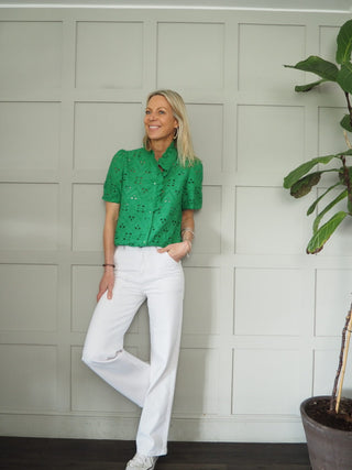 Vashti Blouse with Broderie Anglaise and Frill Detail - Bright Green, Sand