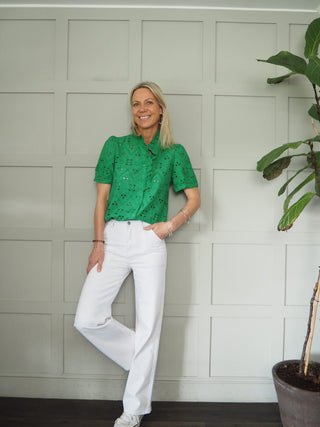 Vashti Blouse with Broderie Anglaise and Frill Detail - Bright Green, Sand