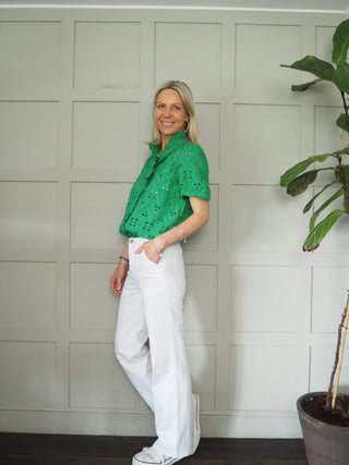Vashti Blouse with Broderie Anglaise and Frill Detail - Bright Green, Sand