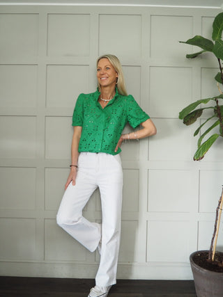 Vashti Blouse with Broderie Anglaise and Frill Detail - Bright Green, Sand