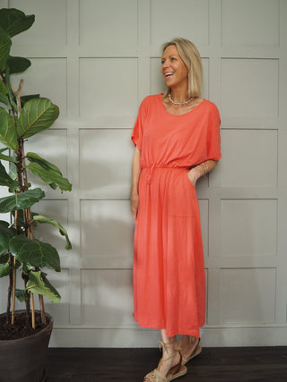 Laura Maxi T-Shirt Dress - Coral, Khaki, Sky Blue, White