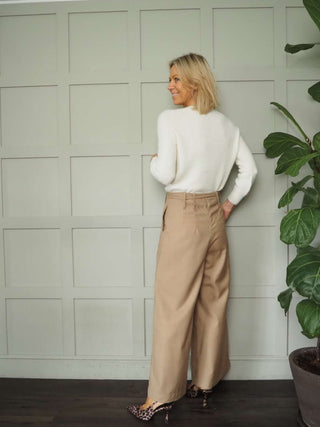 Tilly Trousers with Tailored Pockets, Pleated Detail, Back Zip Fastening - Blue/White Stripe, Camel, Sky Blue