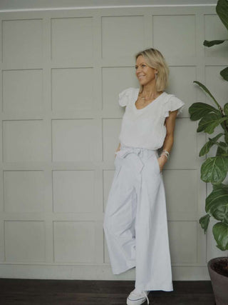 Tilly Trousers with Tailored Pockets, Pleated Detail, Back Zip Fastening - Blue/White Stripe, Camel, Sky Blue